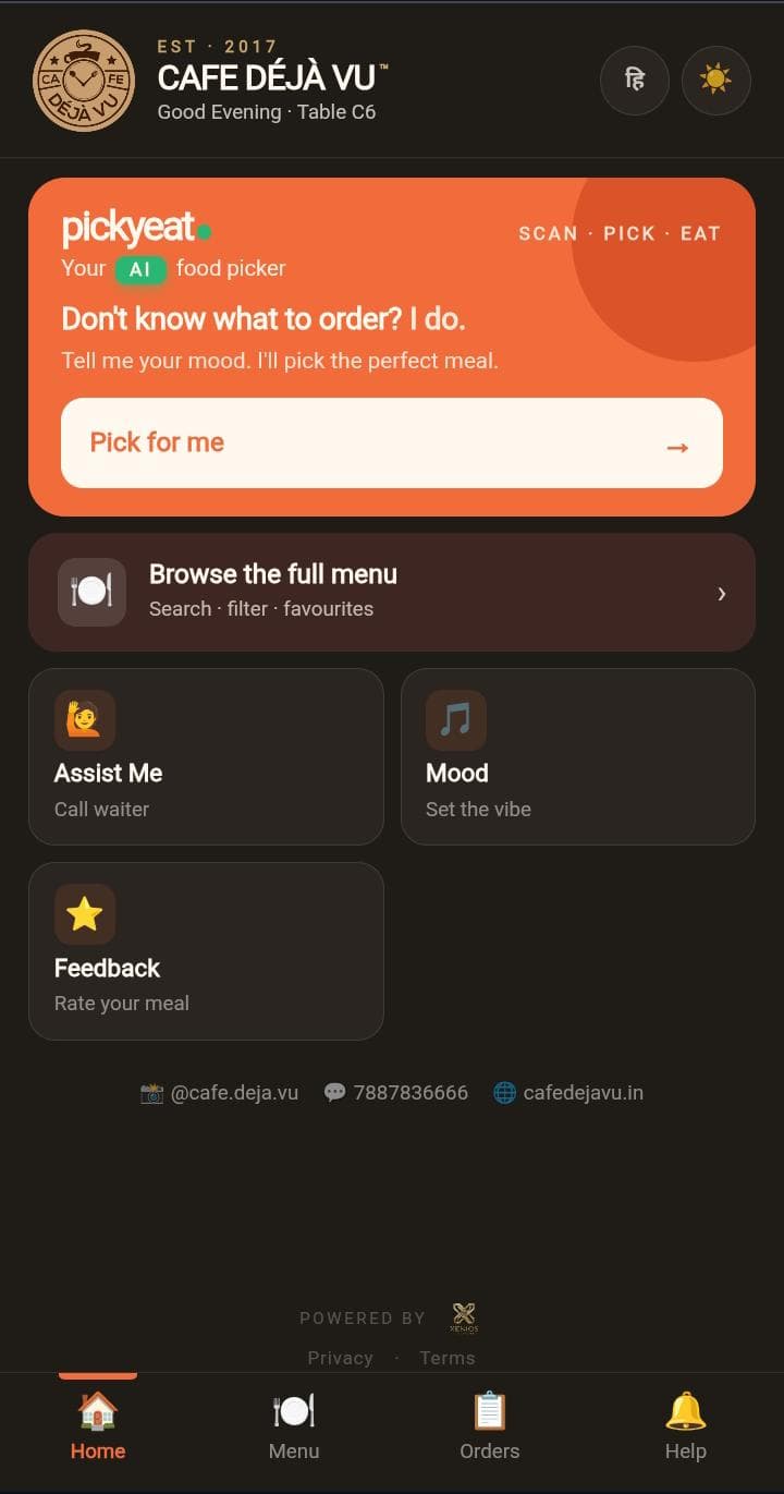 Customer-facing QR app showing Cafe Deja Vu home with Surprise Me, Place Order, Track Order and Mood tiles