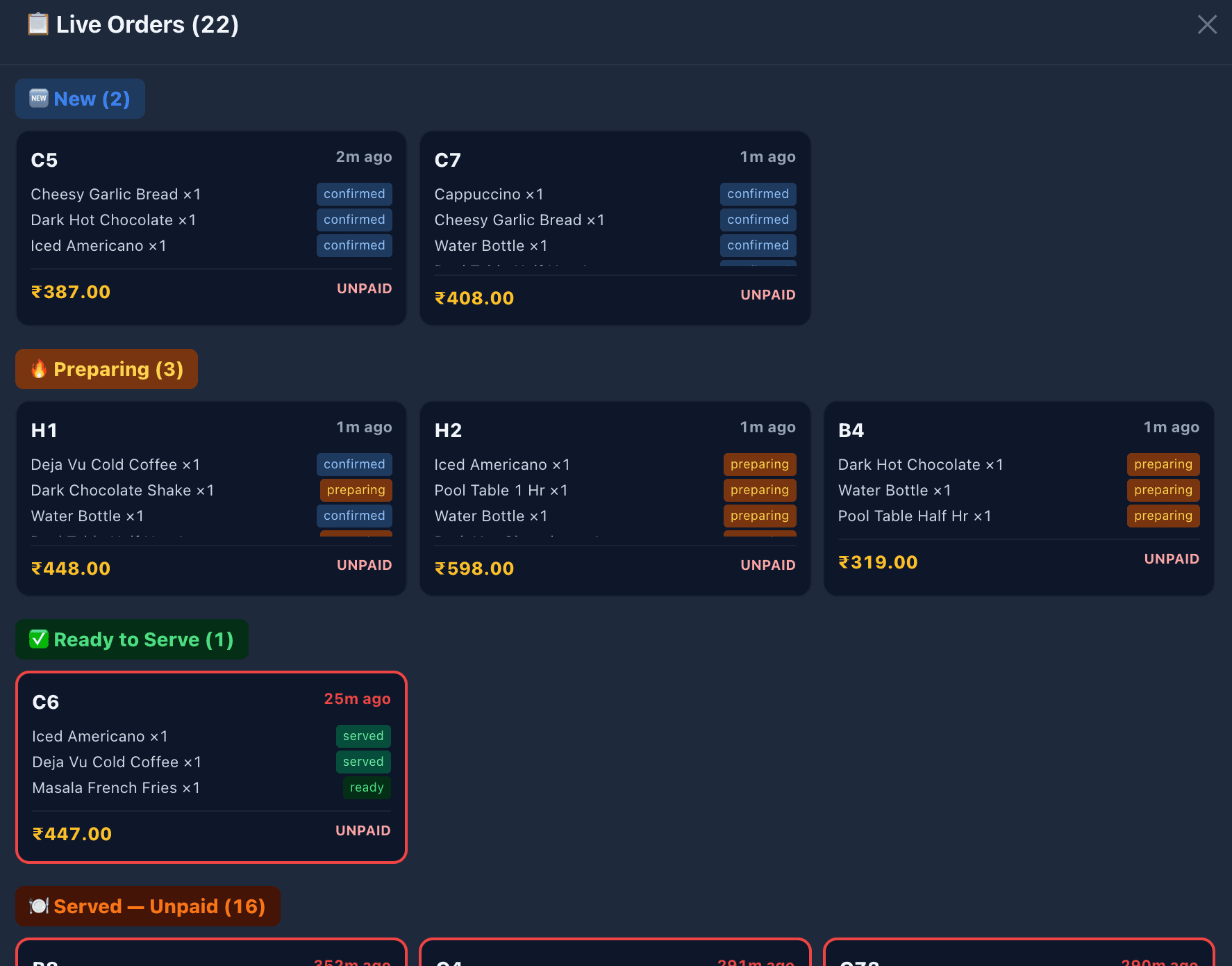 XENIOS kitchen dashboard with KOT tickets, station filters and ready/served status