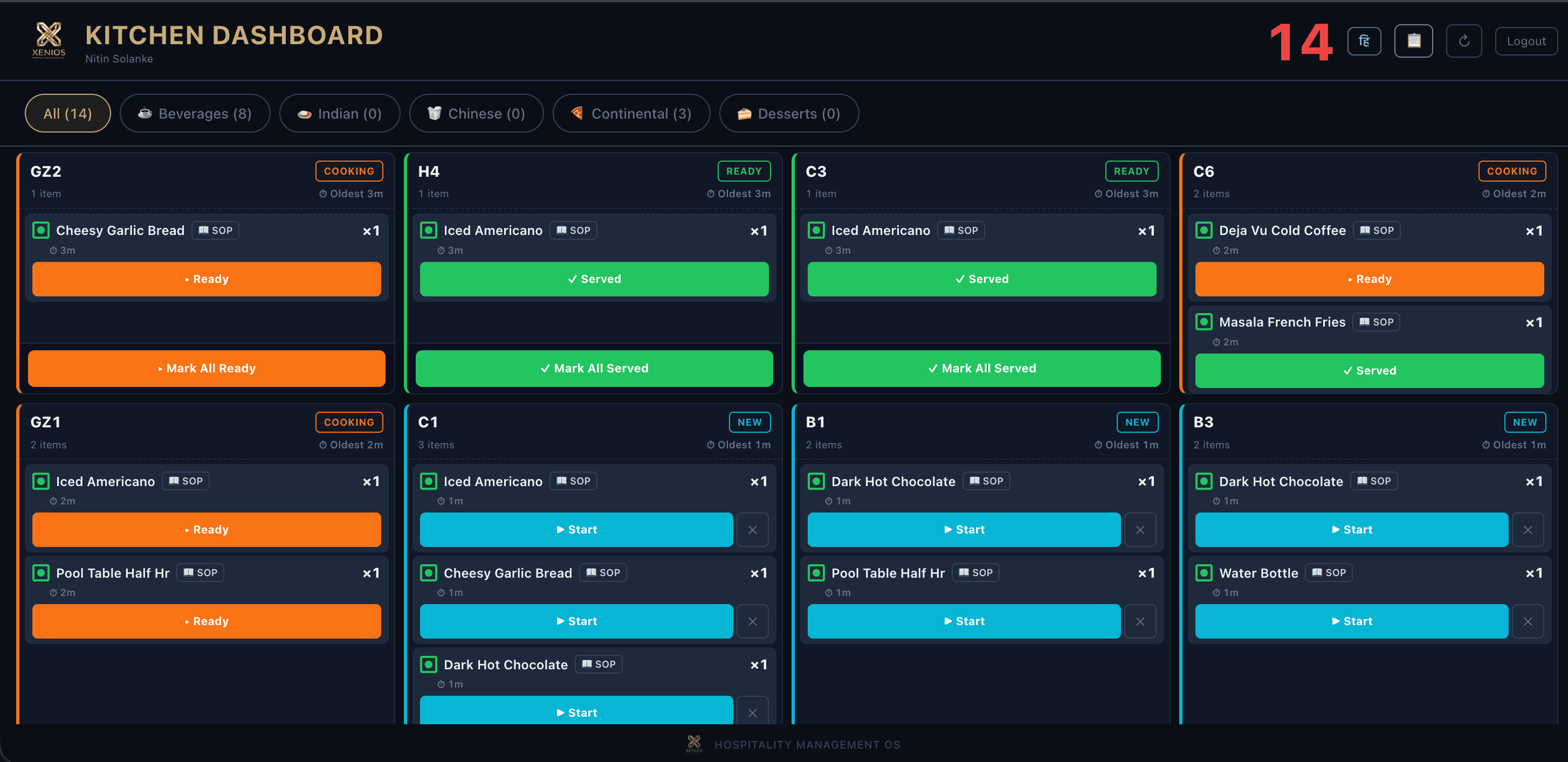 XENIOS POS tables view with zones and message-to-staff bar
